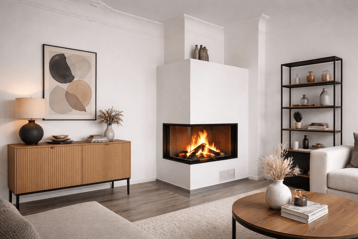 Wohnraum mit integriertem Kamin und mineralischer Oberfläche