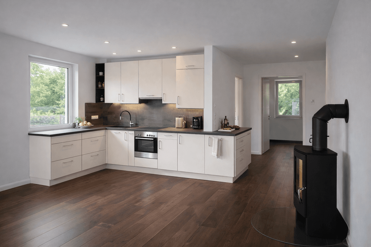 Wohnküche einer Wohneinheit mit klarer Gestaltung