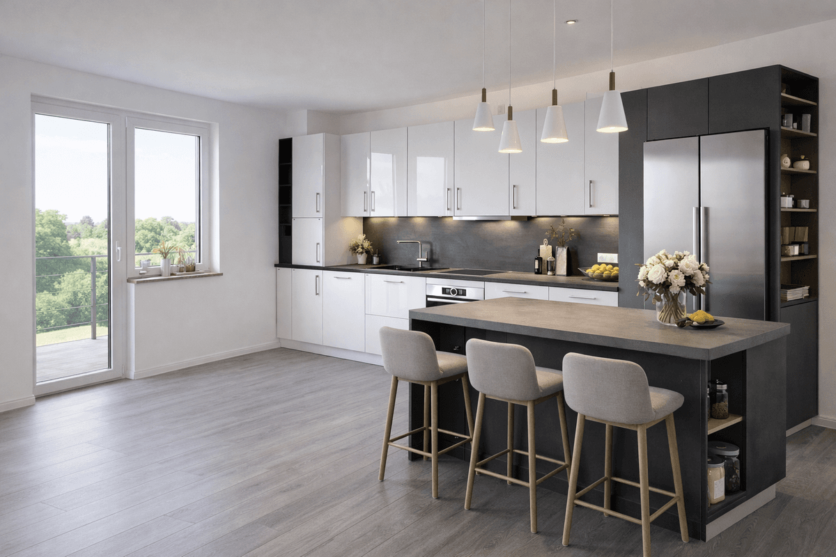 Wohnküche einer Wohnung mit klarer, funktionaler Gestaltung