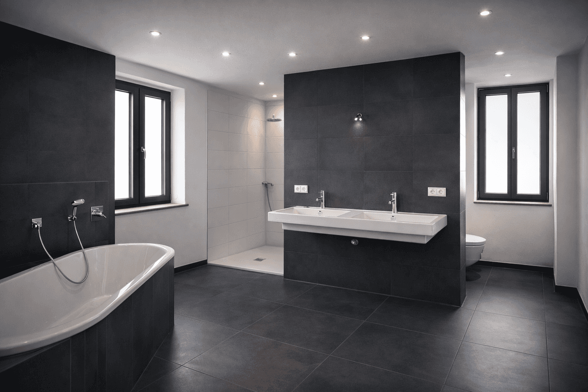 Modernes Badezimmer mit großformatigen Fliesen und klarer Geometrie